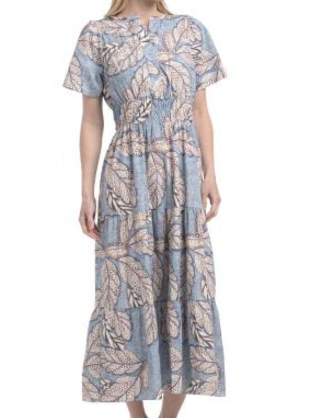 NWT - Bellambra Cotton Italy Blue Leaf Print Short Sleeve Maxi Dress - Size M
